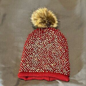 Burgundy Rhinestone and Fur Pom Pom Winter Hat